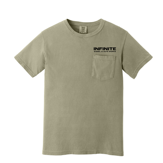Olive green t-shirt with 'Infinite Diesel & Auto Works' logo on a white background