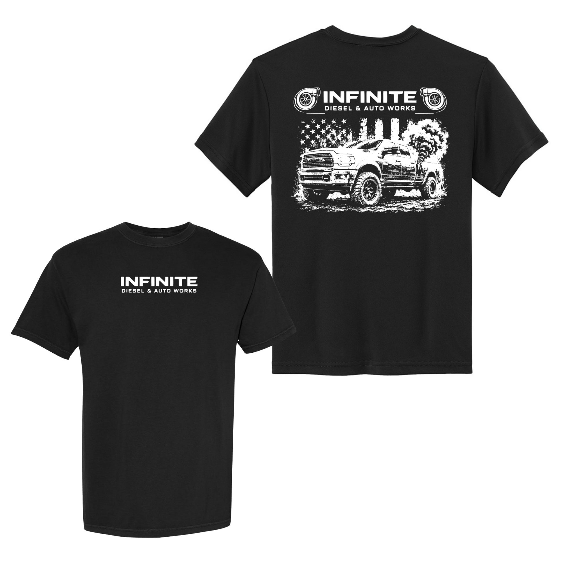 Black t-shirt with 'Infinite Diesel & Auto Works' logo and truck graphic on a white background