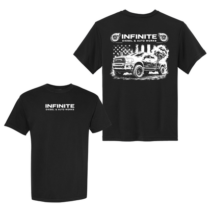 Black t-shirt with 'Infinite Diesel & Auto Works' logo and truck graphic on a white background