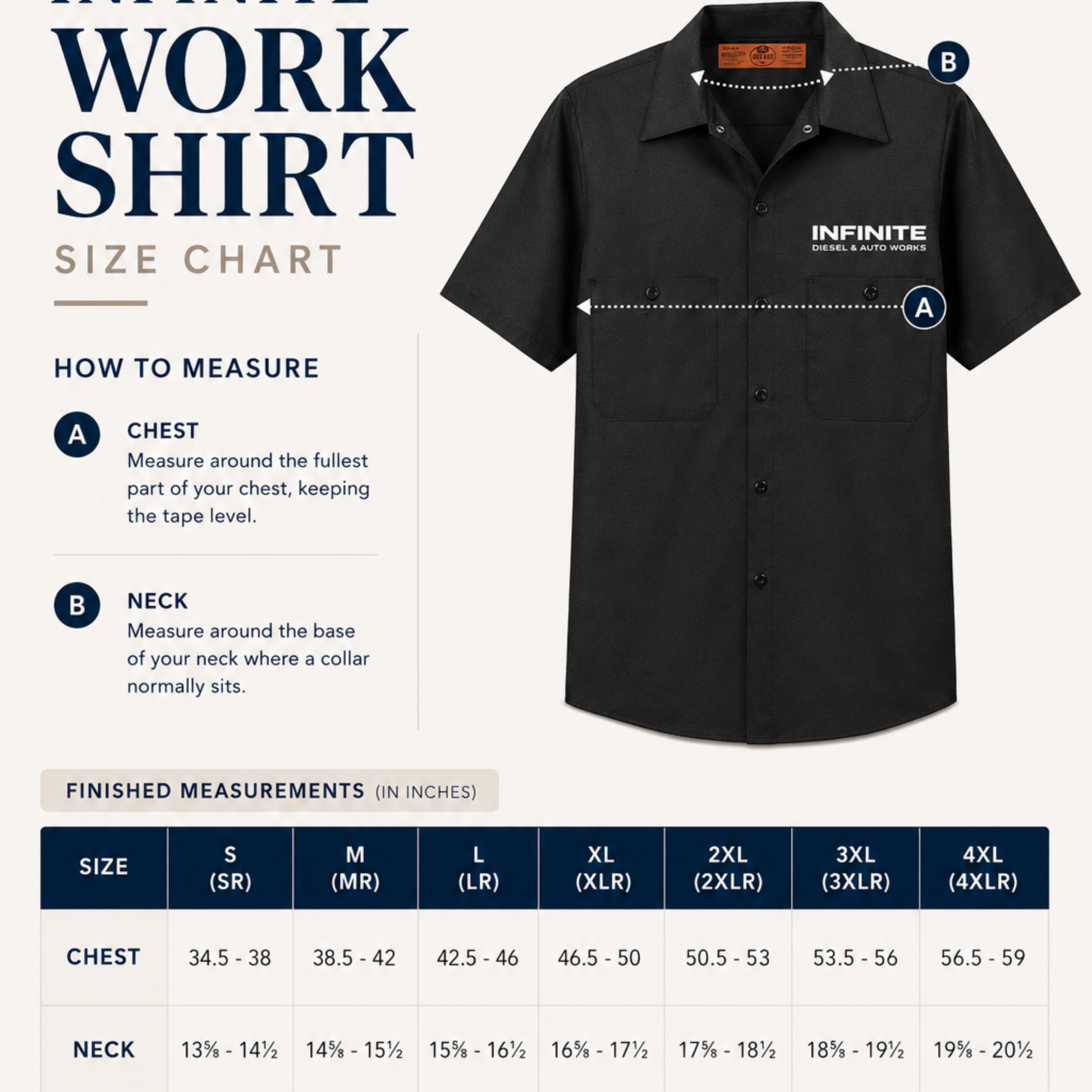 Black shirt with measurement chart for Infinite Work Shirt size chart