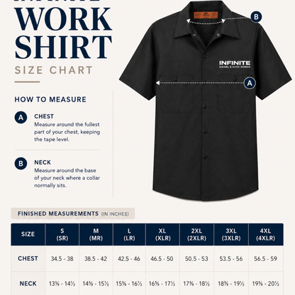 Black shirt with measurement chart for Infinite Work Shirt size chart