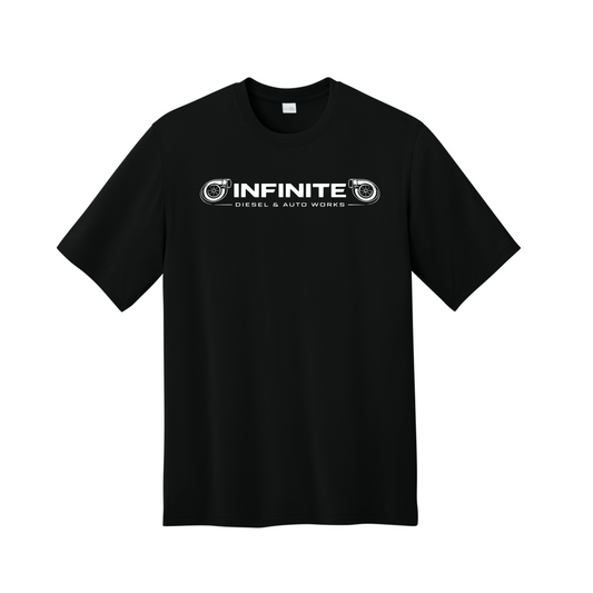 Black t-shirt on a hanger against a white background