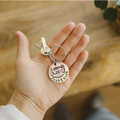 Personalized “I Still Do” Penny Keychain – Anniversary & Vow Renewal Gift – Hand-Stamped Copper Disc with Names & Date