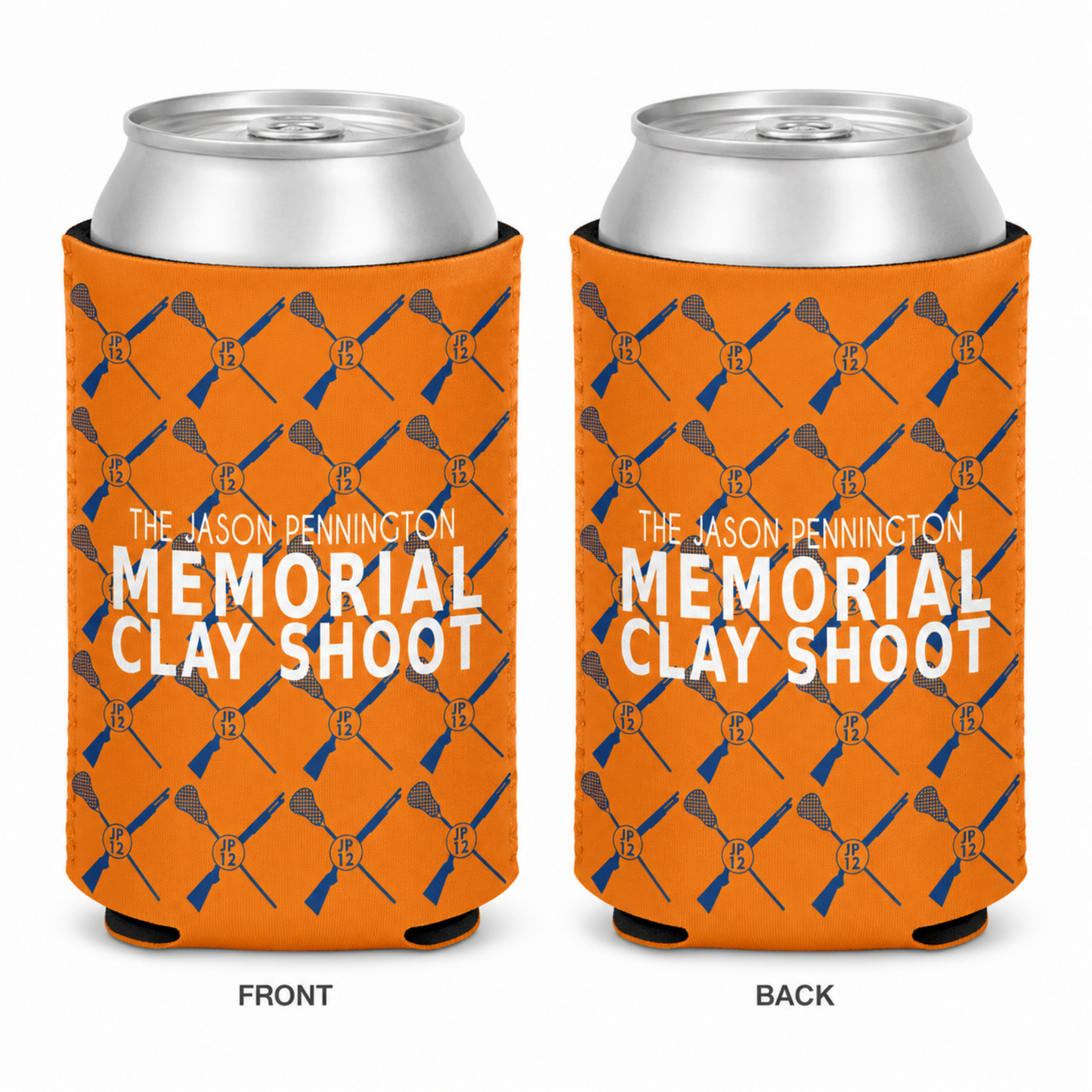 Two orange can coolers shown side by side on a white background, labeled FRONT and BACK. Each cooler snugly fits a silver aluminum can.