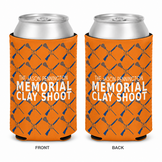 Two orange can coolers shown side by side on a white background, labeled FRONT and BACK. Each cooler snugly fits a silver aluminum can.