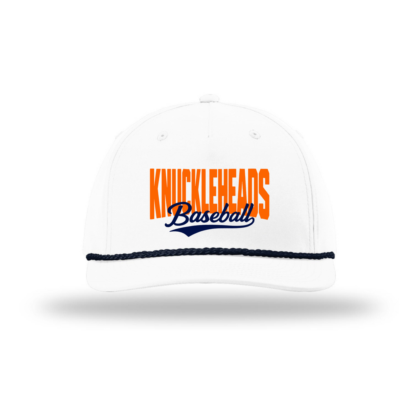 White baseball cap with 'KNUCKLEHEADS Baseball' text on a white background