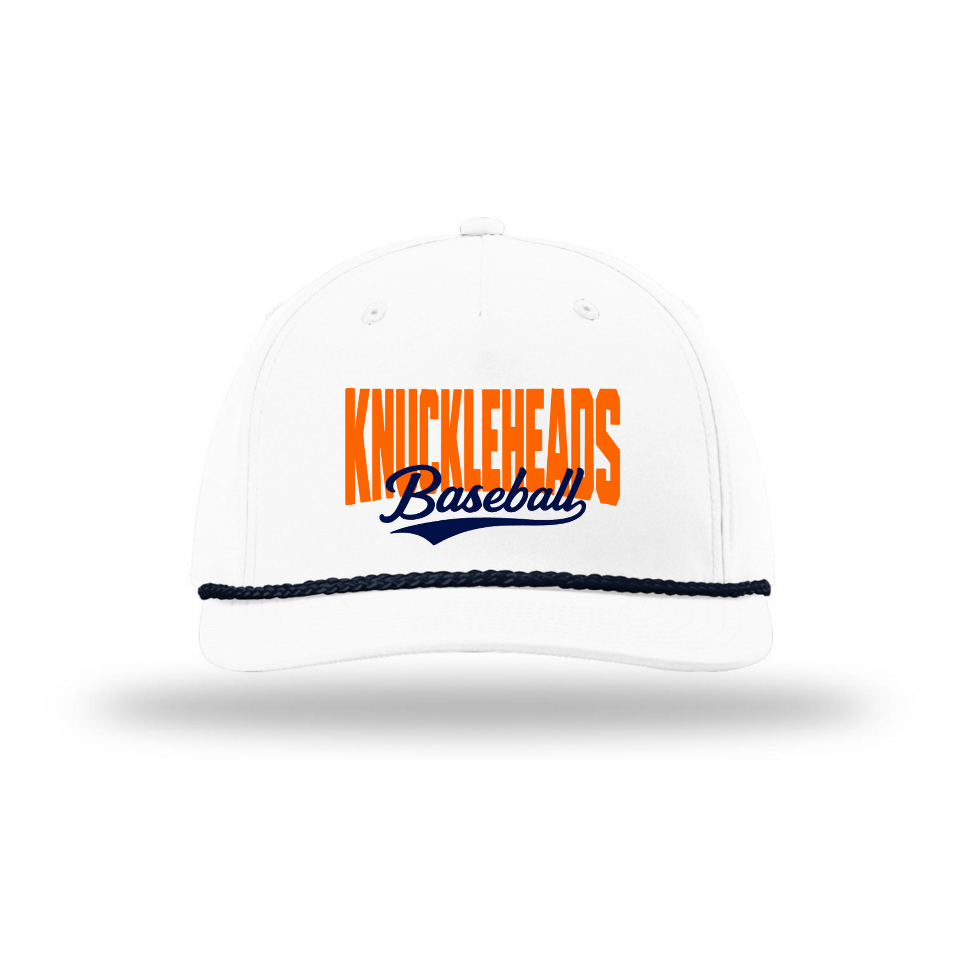 White baseball cap with 'KNUCKLEHEADS Baseball' text on a white background