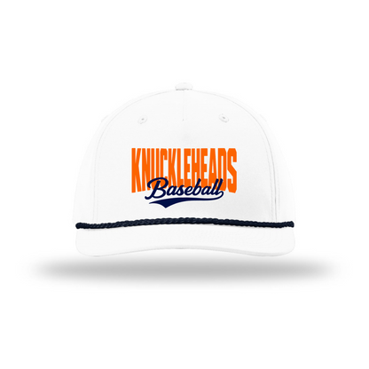 White baseball cap with 'KNUCKLEHEADS Baseball' text on a white background