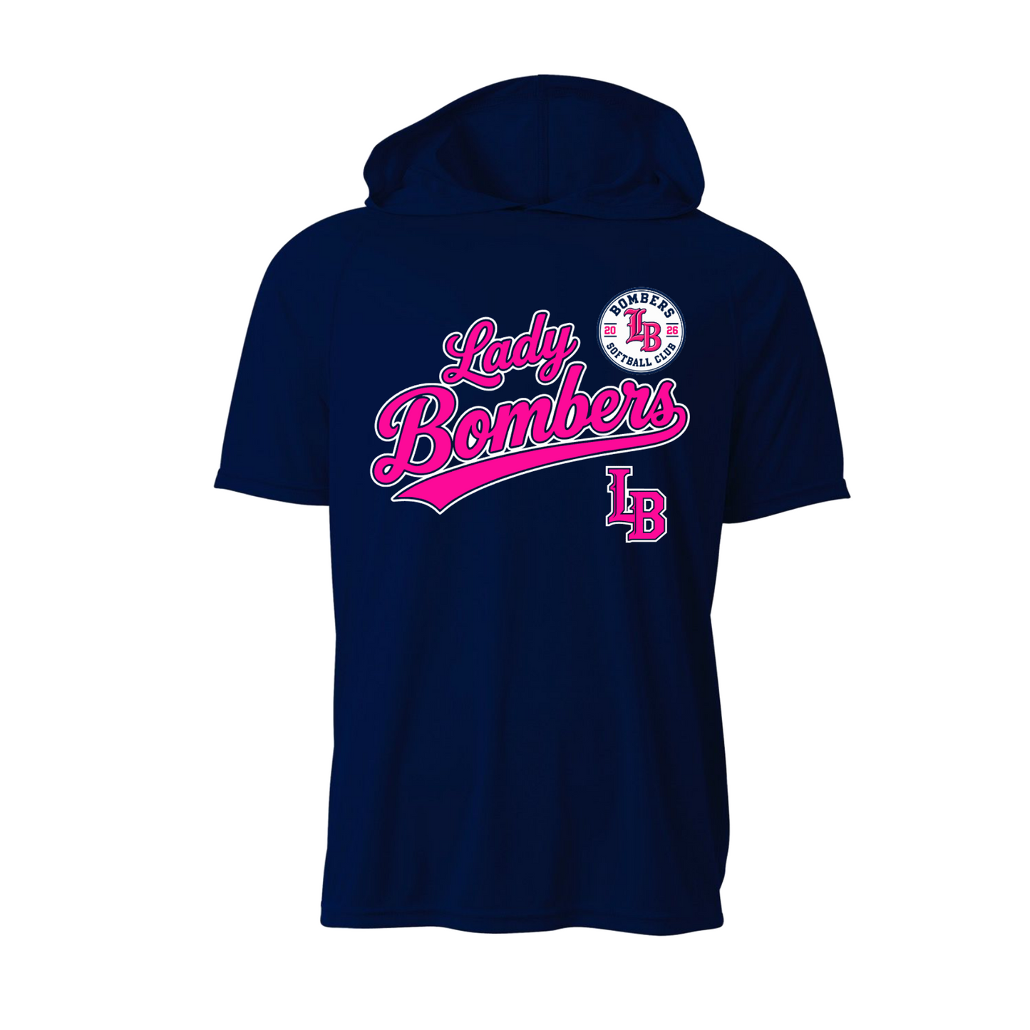 Navy Lady Bombers Softball short sleeve performance hoodie with hot pink script and LB logos