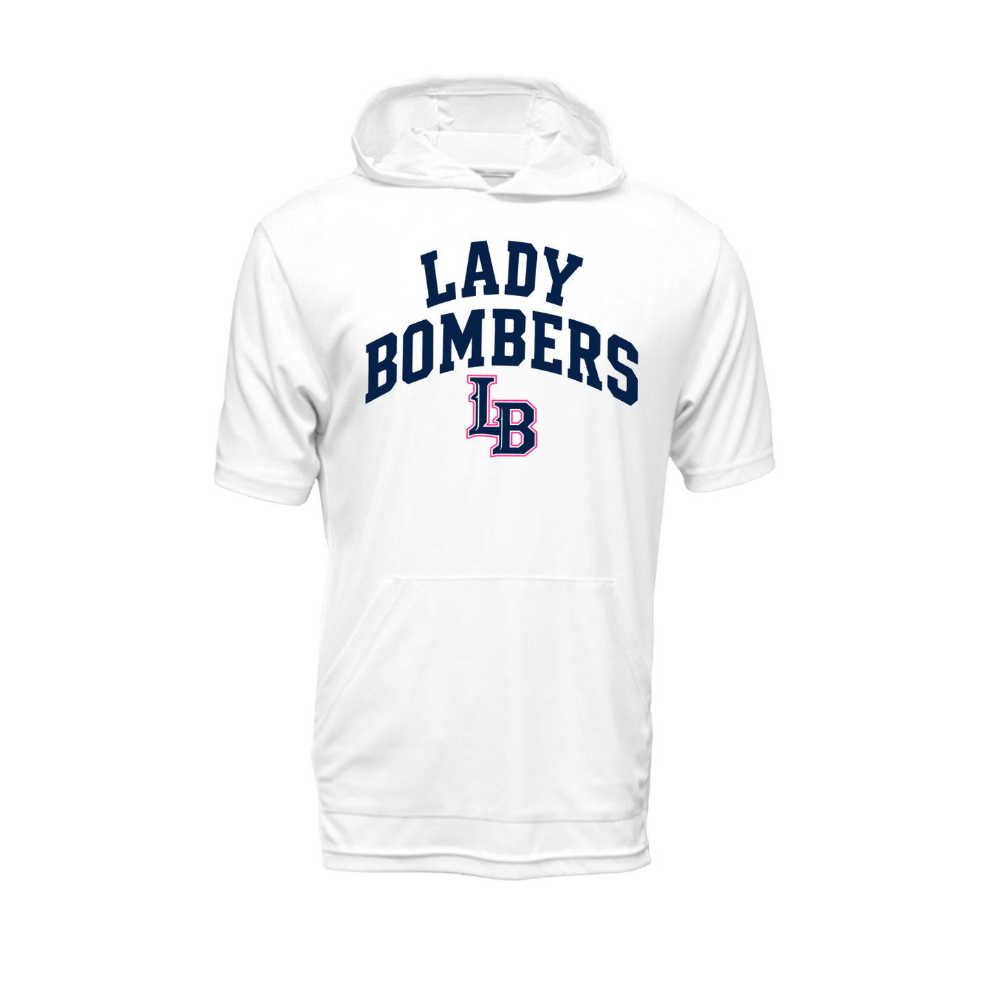 White Lady Bombers Softball short sleeve performance hoodie with navy lettering and pink LB logo