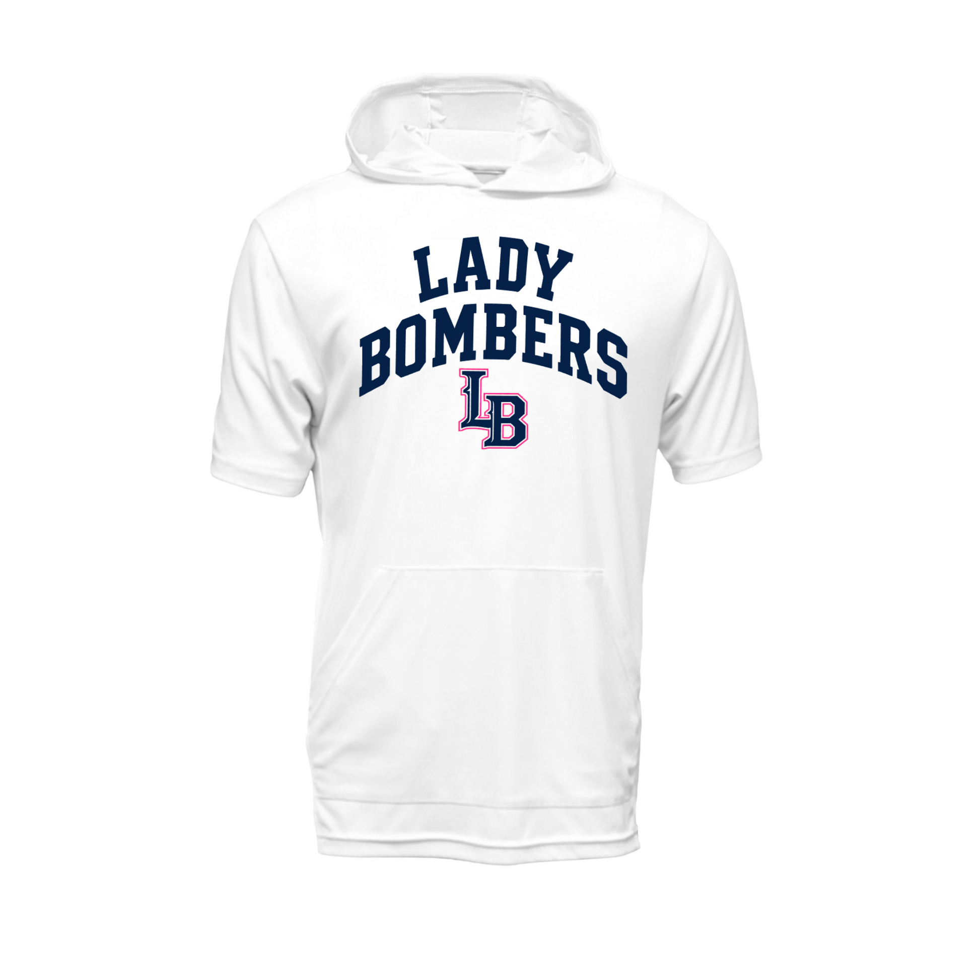 White Lady Bombers Softball short sleeve performance hoodie with navy lettering and pink LB logo