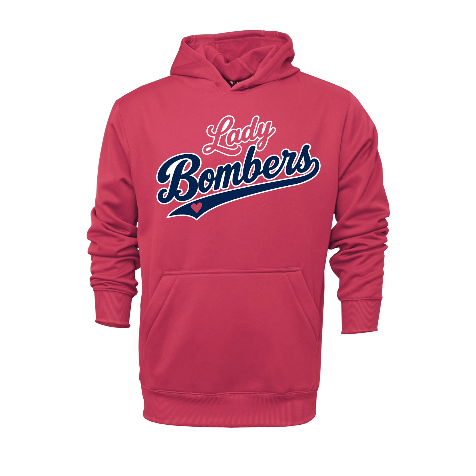 Pink Lady Bombers baseball hoodie with navy pink and white script team design