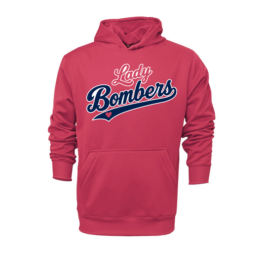 Pink Lady Bombers baseball hoodie with navy pink and white script team design