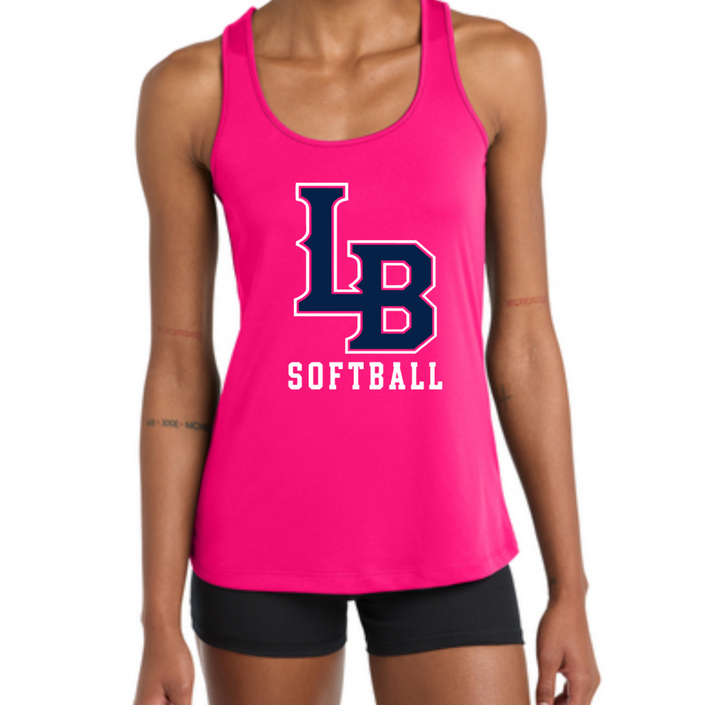 Lady Bombers Softball hot pink women's racerback tank with navy LB logo
