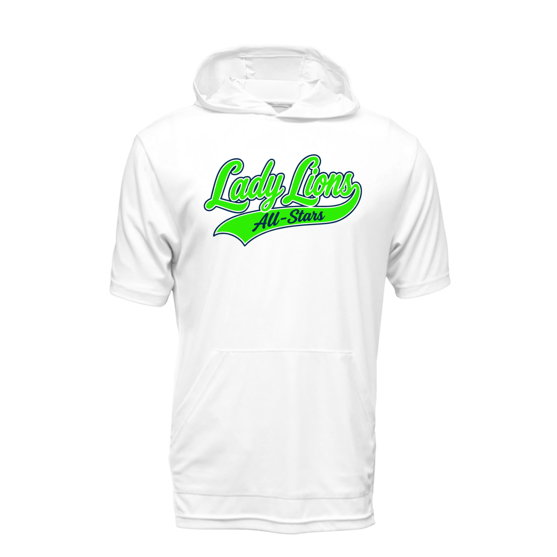 White sports jersey with 'Lady Lions All-Stars' text on a white background