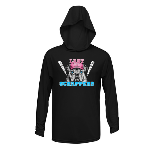 Black Lady Scrappers Hooded Shirt, Lady Scrappers Softball Tee, Long Sleeve Hooded Lady Scrappers Top