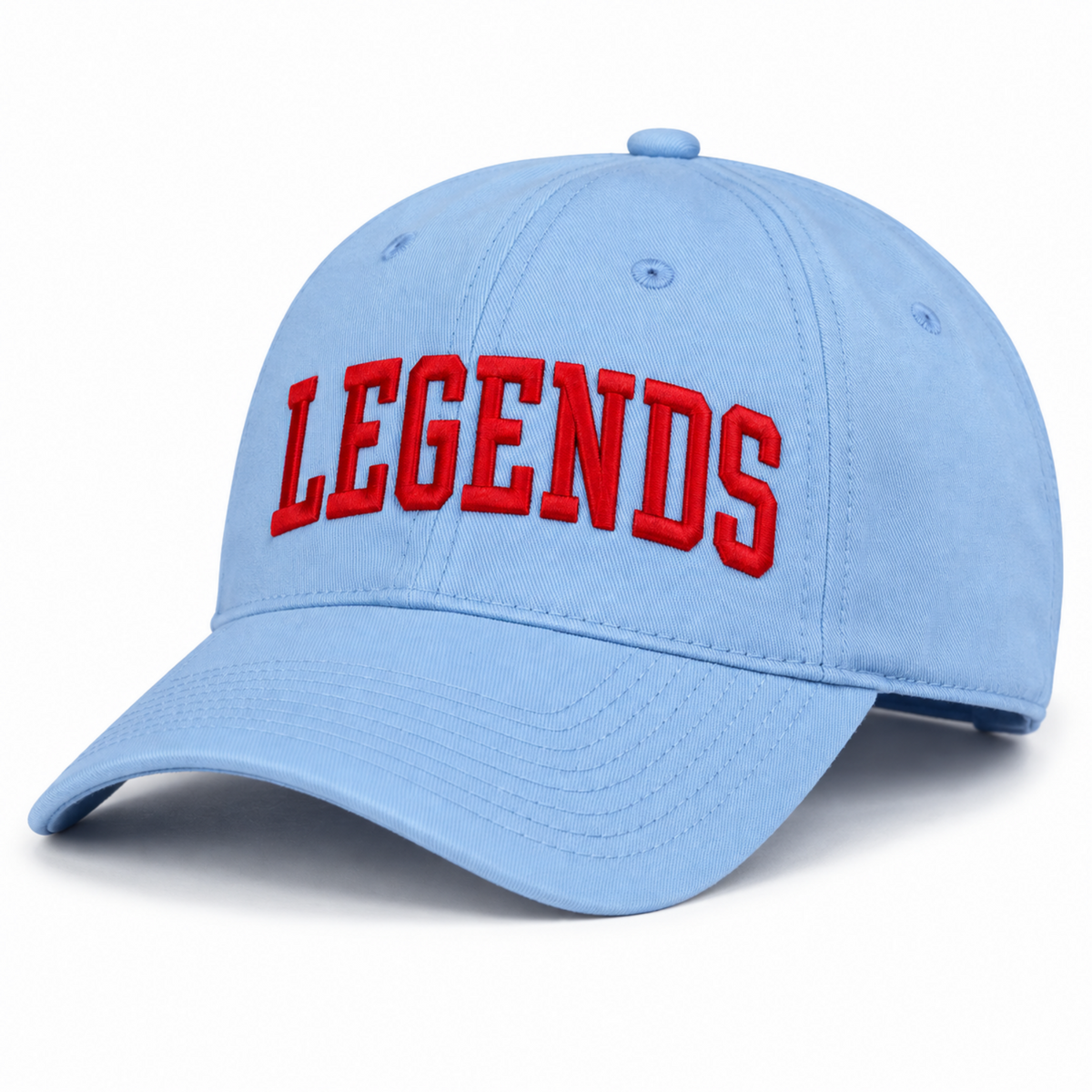 Leander Legends light blue baseball dad hat with red LEGENDS embroidery