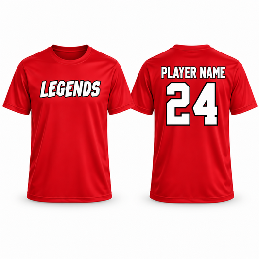 Leander Legends Men’s / Unisex Classic Performance Tee – Red — front design and optional name/number back example