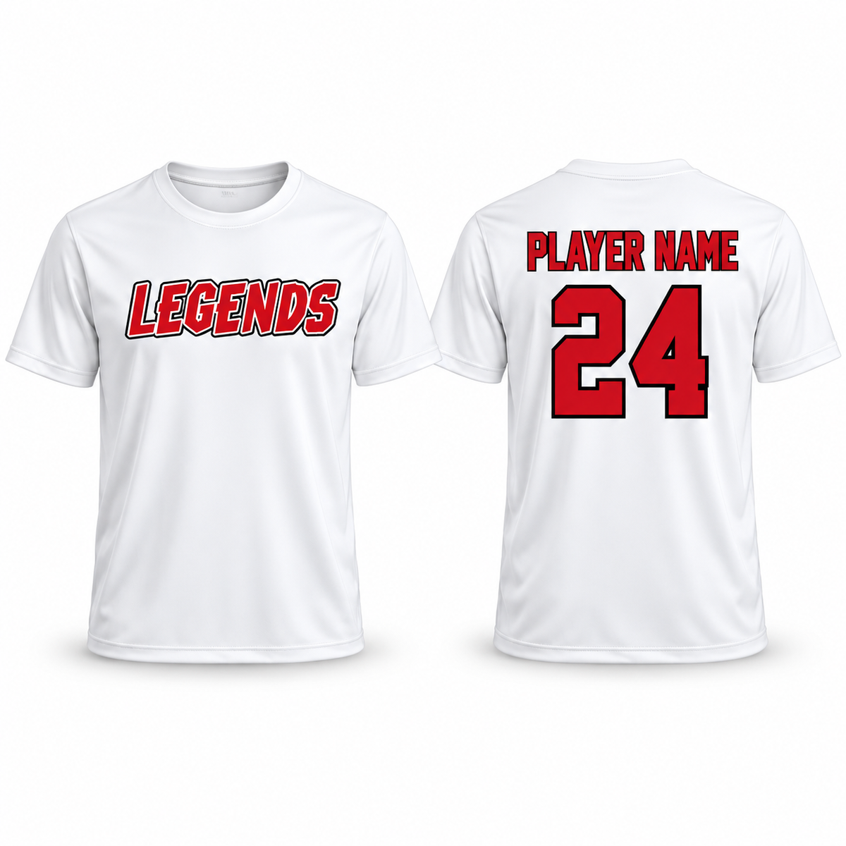 Leander Legends men's/unisex white performance tee, front design and optional personalized back example