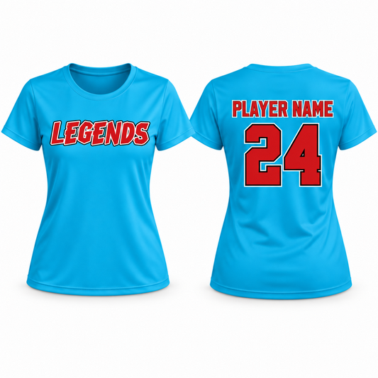 Leander Legends Women’s Classic Performance Tee – Electric Blue — front design and optional name/number back example