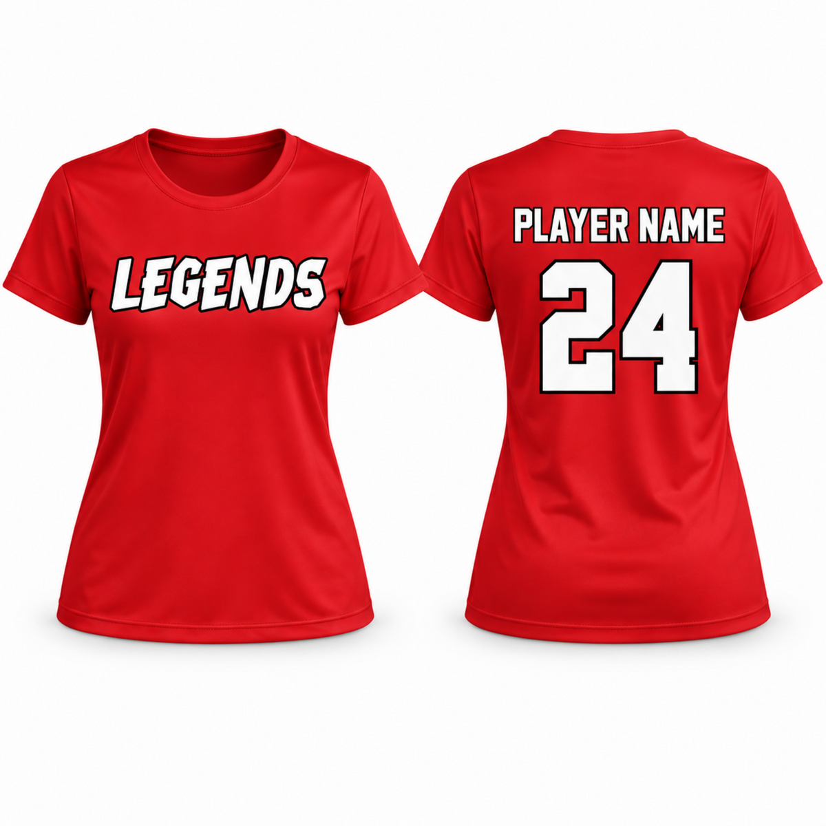 Leander Legends Women’s Classic Performance Tee – Red — front design and optional name/number back example
