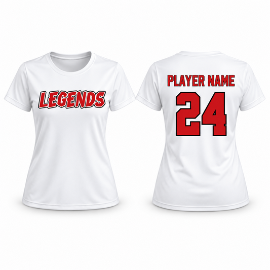 Leander Legends Women’s Classic Performance Tee – White — front design and optional name/number back example