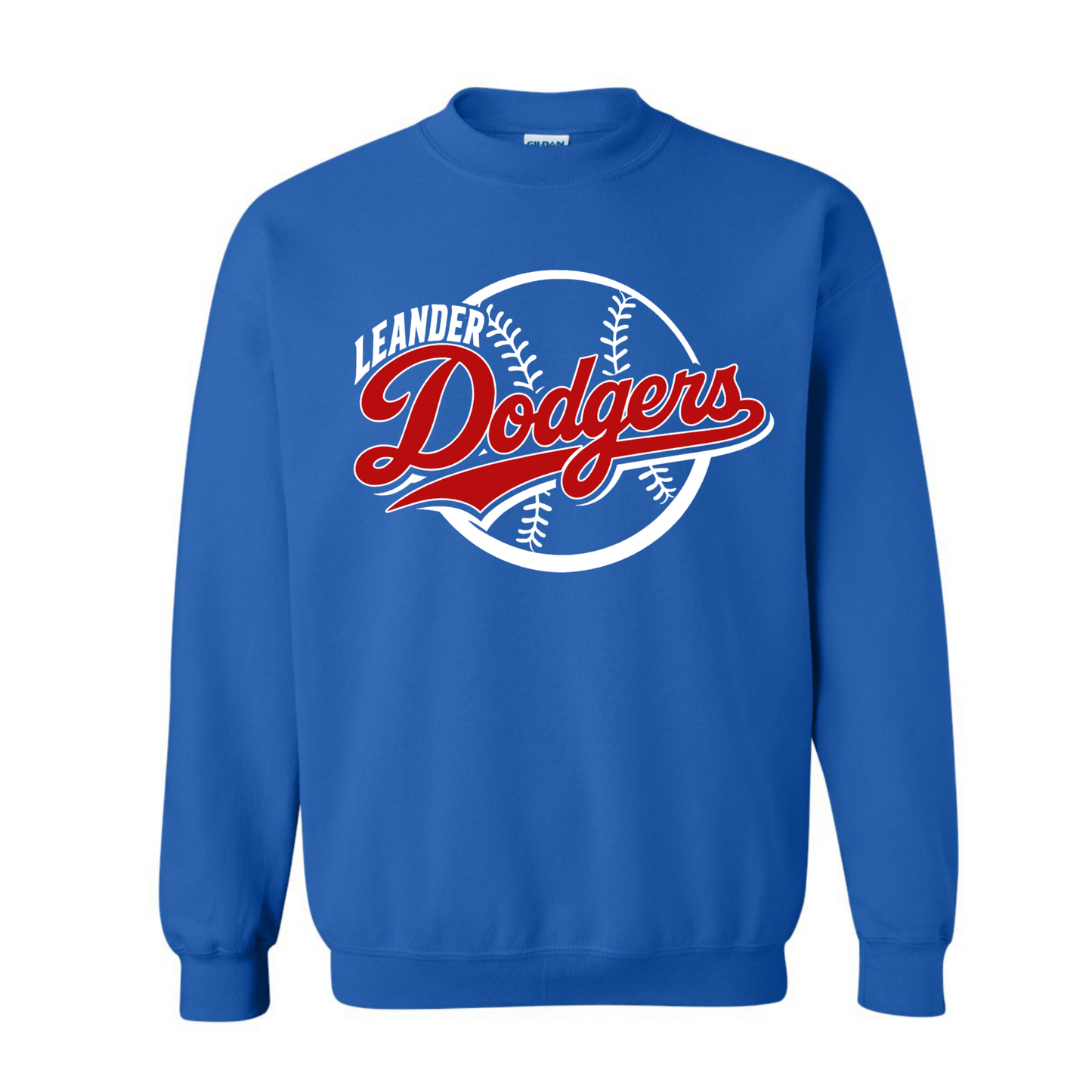 Blue sweatshirt with 'Leander Dodgers' logo on a white background