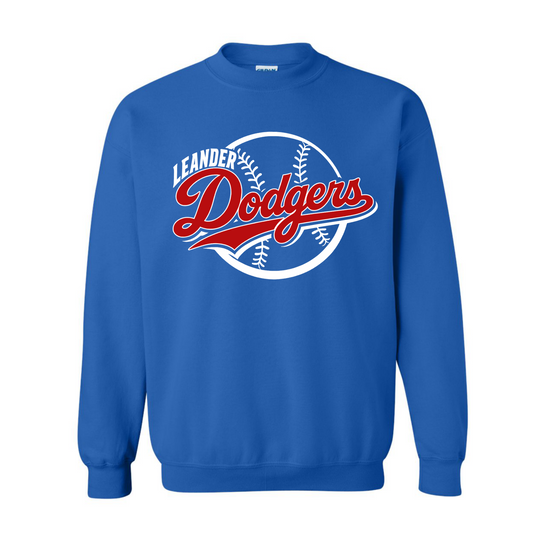 Blue sweatshirt with 'Leander Dodgers' logo on a white background