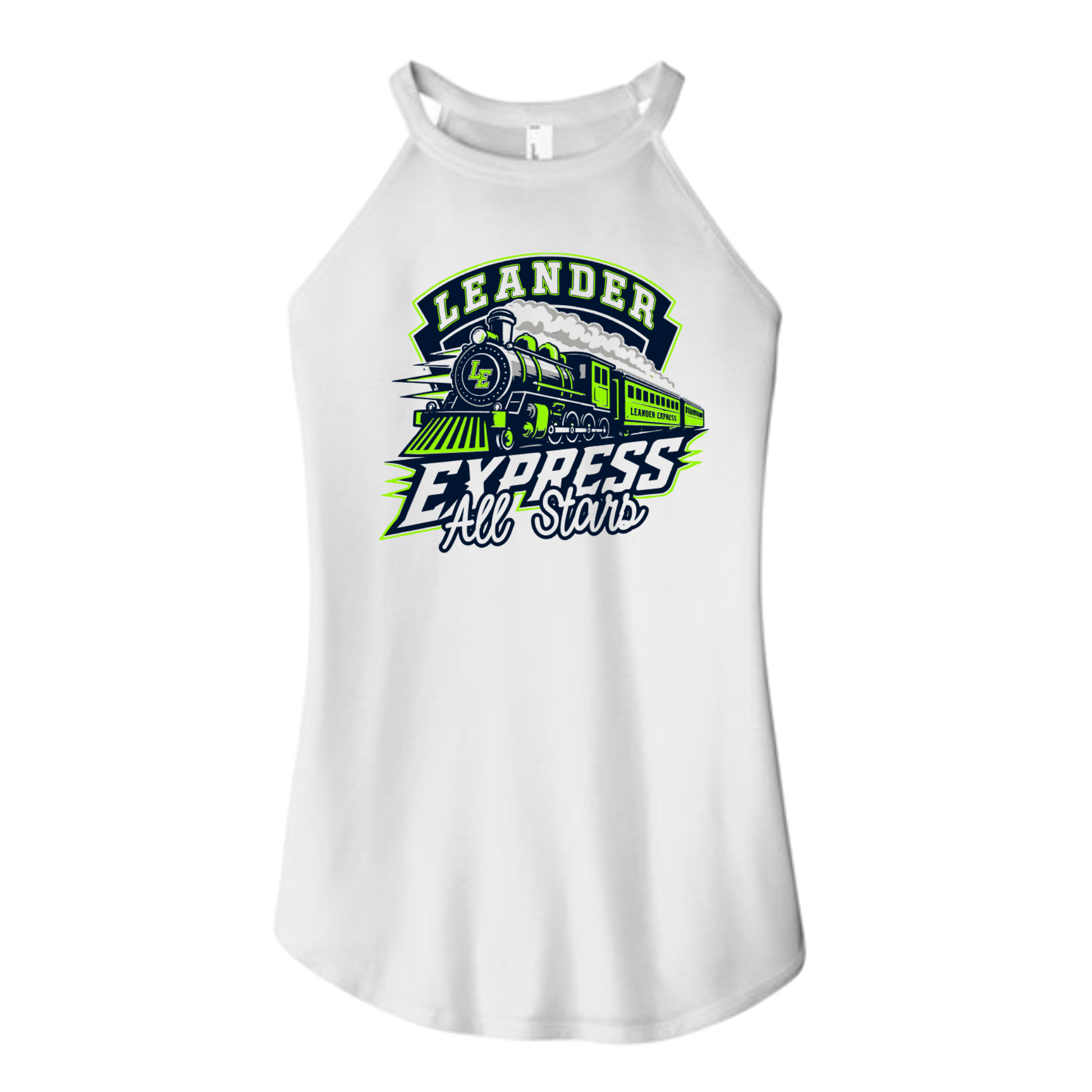White tank top with 'Leander Express All Stars' graphic design on a white background