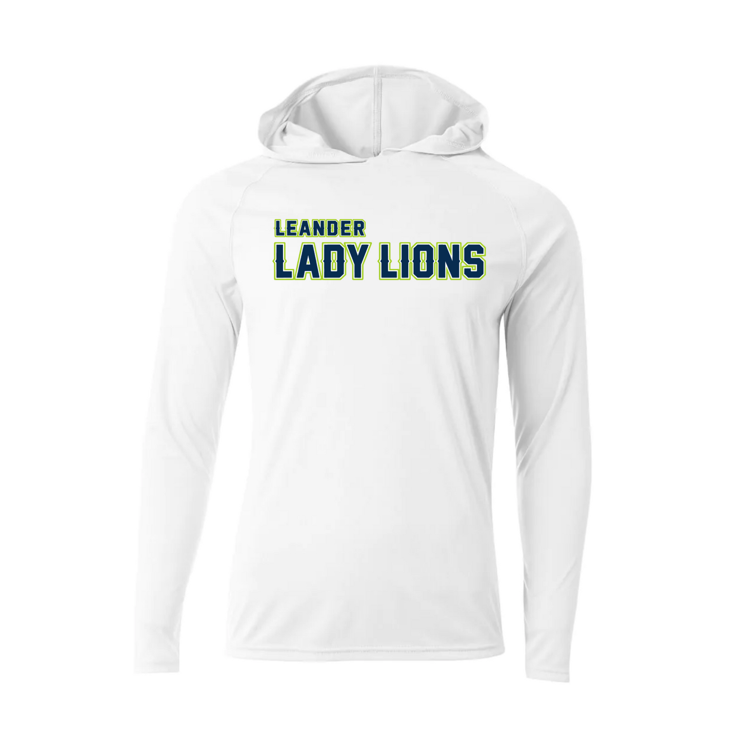 White hoodie with 'Leander Lady Lions' text on a white background