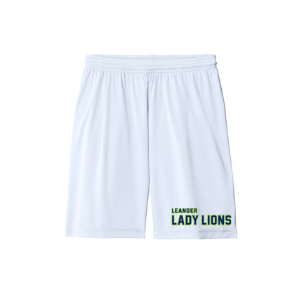 White shorts with 'Leander Lady Lions' text on a white background