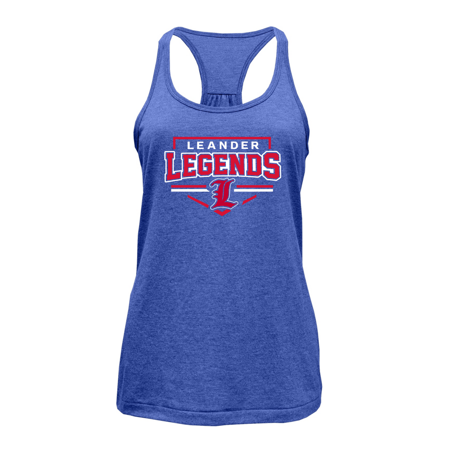 A heather blue racerback tank top featuring a red and white 'LEANDER LEGENDS' graphic on the front, displayed on a clean white background.