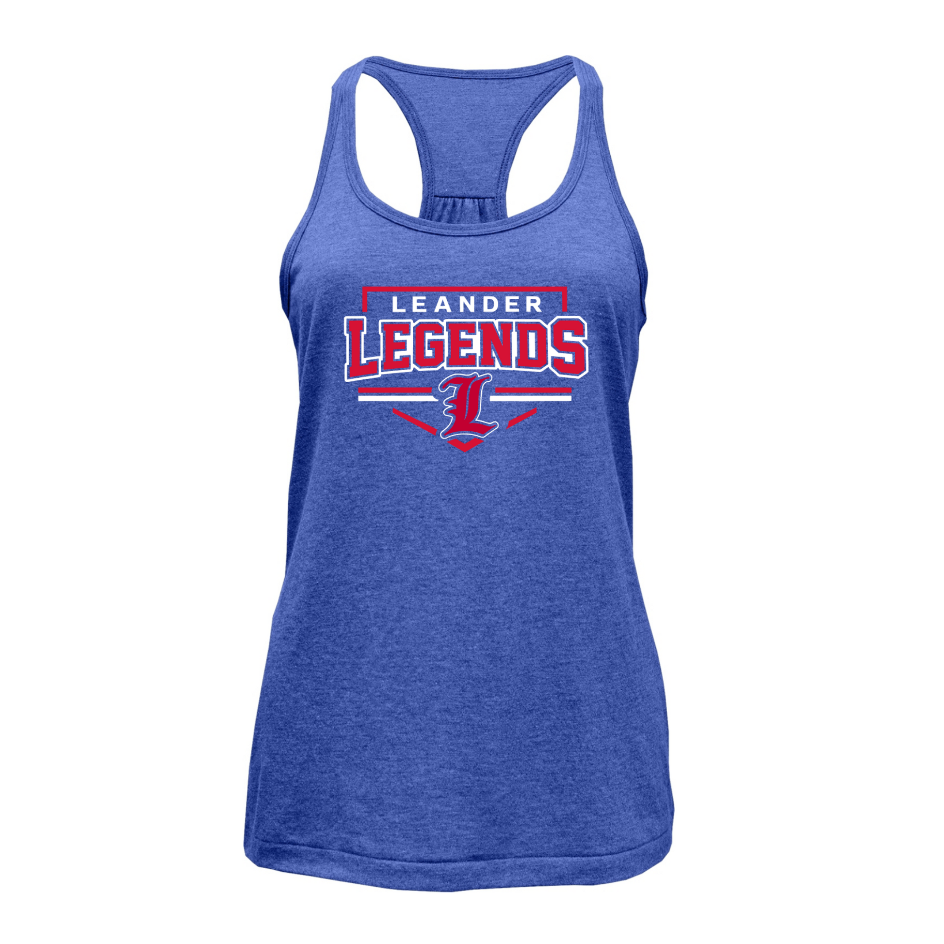 A heather blue racerback tank top featuring a red and white 'LEANDER LEGENDS' graphic on the front, displayed on a clean white background.