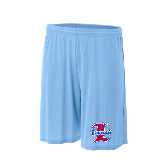 Light blue athletic shorts with a red and blue 'Leander Legends' logo on the lower left leg, shown against a plain white background.