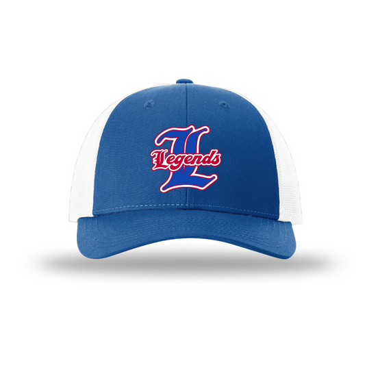 Blue and white cap with 'Legends' logo on a white background