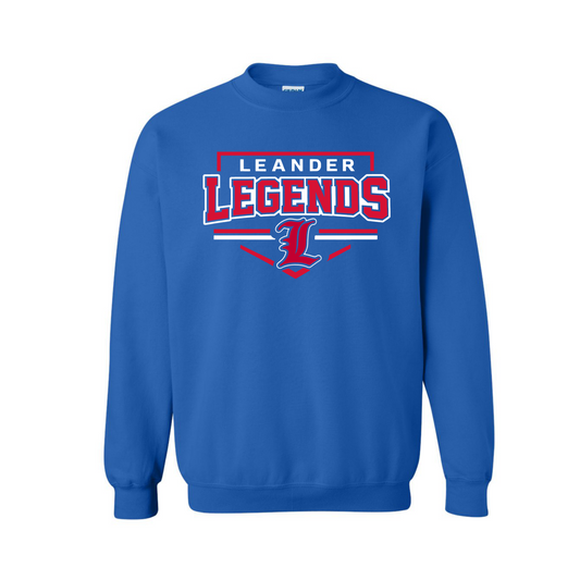 Blue sweatshirt with 'Leander Legends' text and logo on a white background