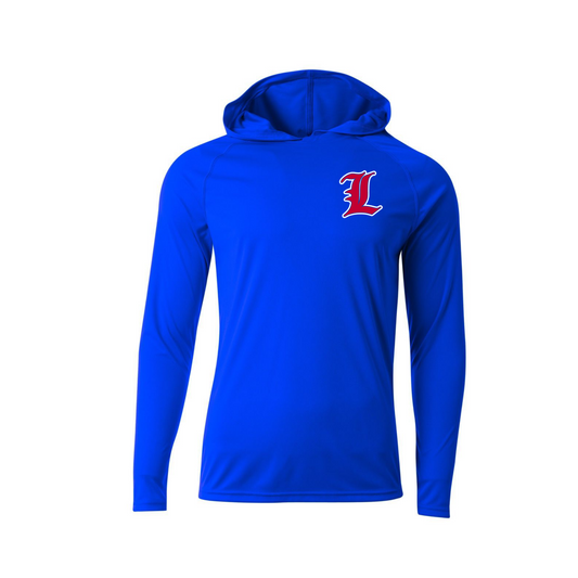 Blue hoodie with a red and white logo on a white background