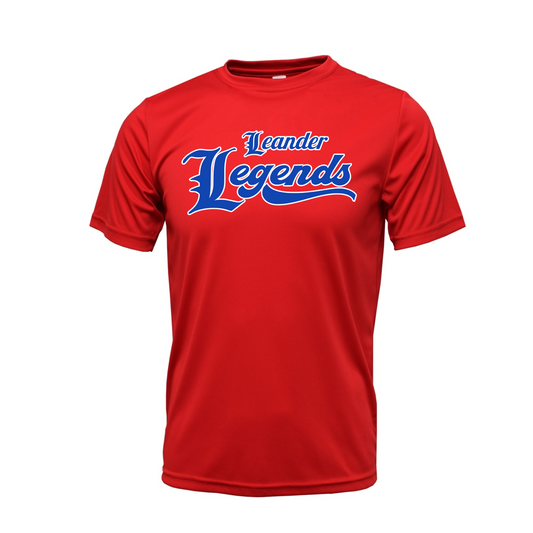 Red t-shirt with 'Leander Legends' text on a white background