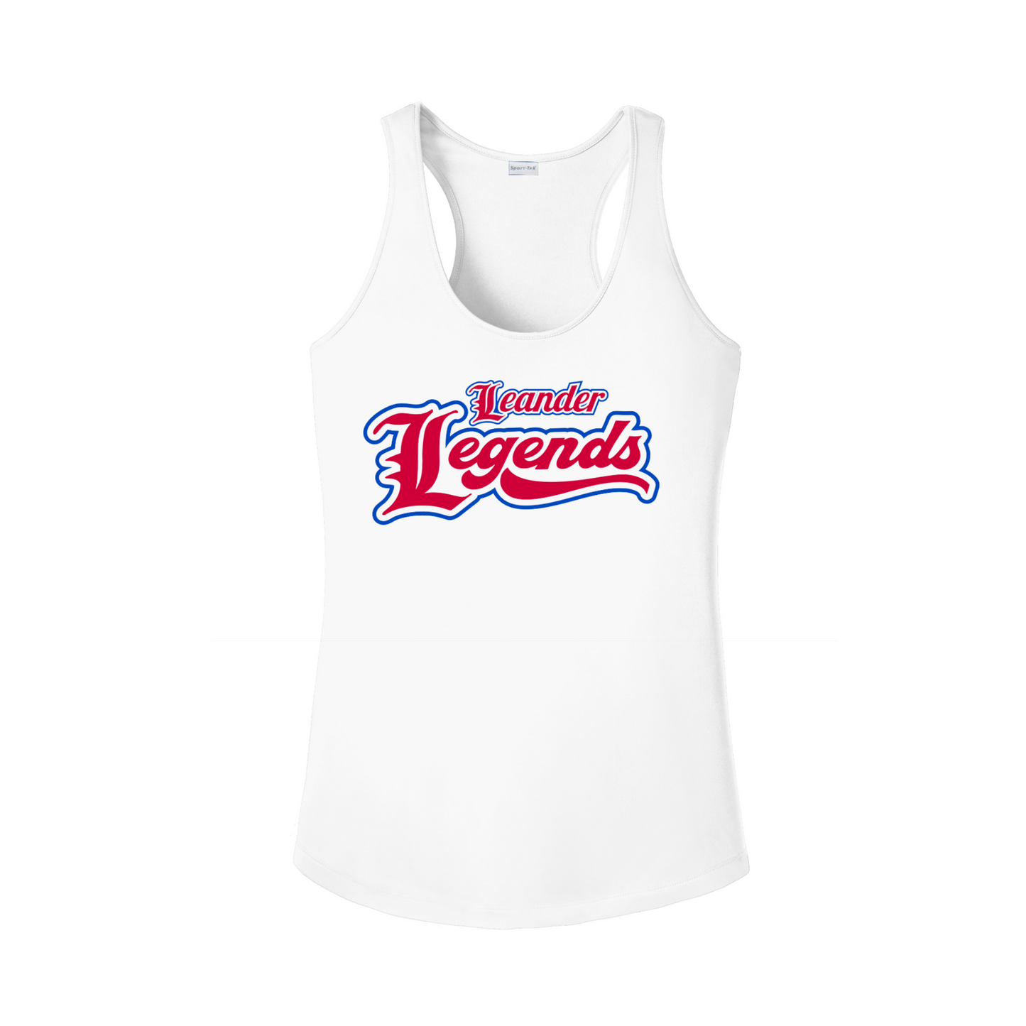 White tank top with 'Leander Legends' text on a white background