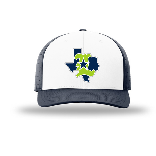 Trucker hat with a Texas-shaped logo on a white background