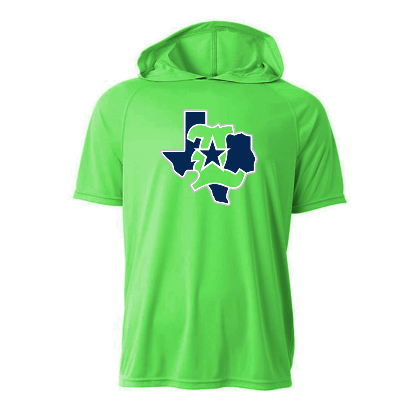 Green hoodie with a Texas-shaped graphic on a white background