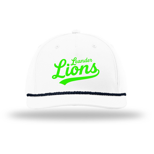 White cap with green 'Leander Lions' text on a white background