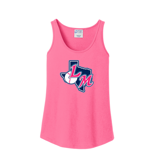 A bright pink sleeveless tank top featuring a Texas-shaped graphic with the letters 'LM' in navy and pink over a baseball design, displayed on a solid white background.