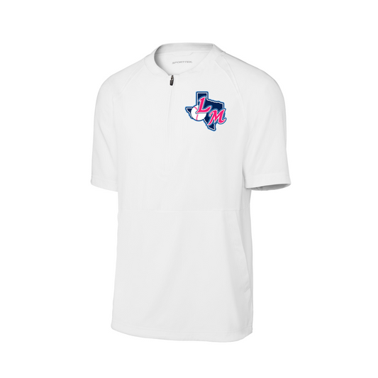 A white short-sleeve quarter-zip pullover with a blue and pink Texas-shaped logo on the left chest, displayed on a clean white background.