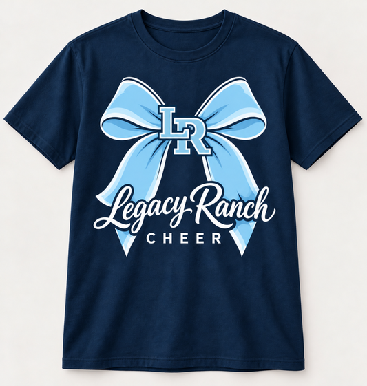 Legacy Ranch Cheer navy bow tee with official LR logo
