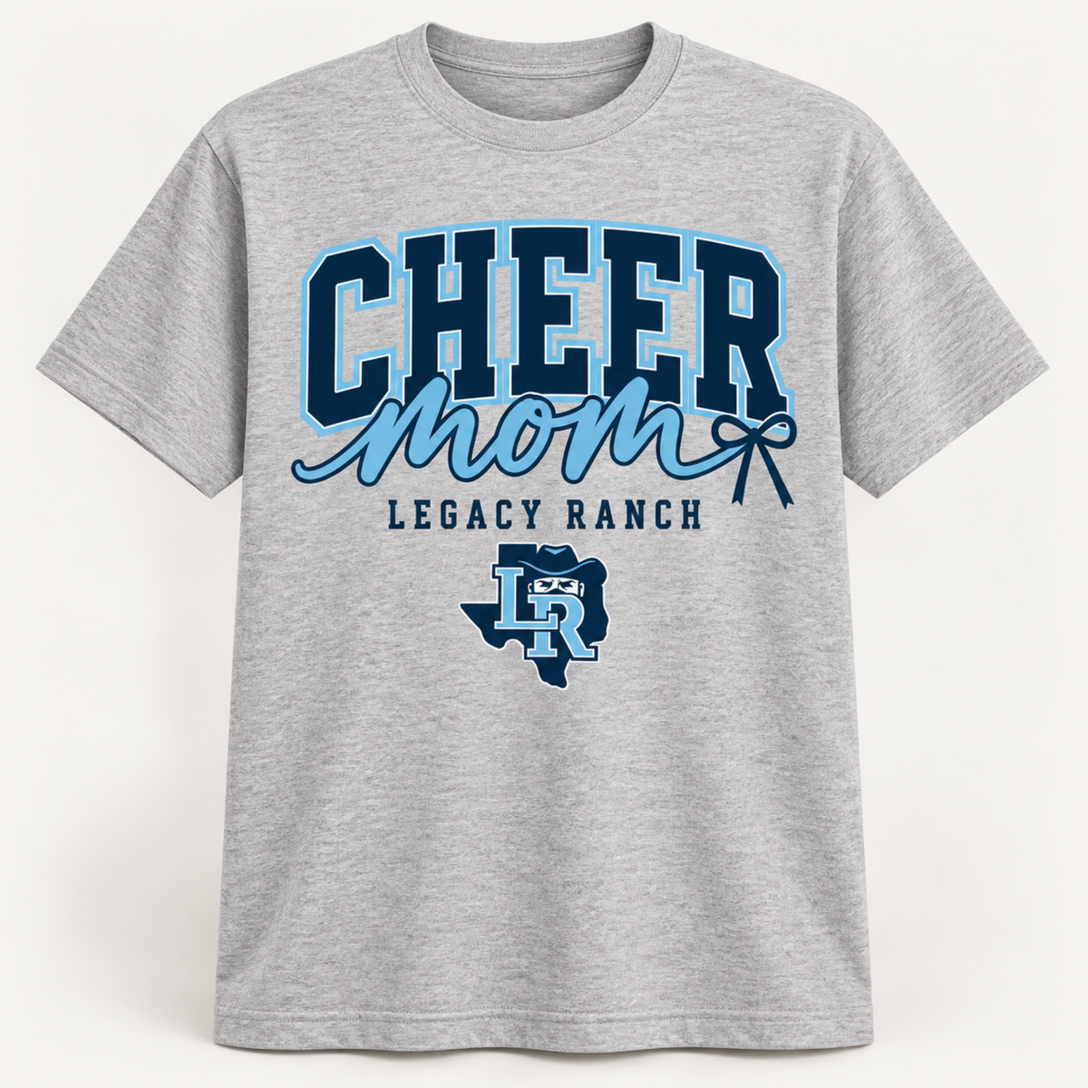 Legacy Ranch cheer mom sport grey tee with navy and light blue design