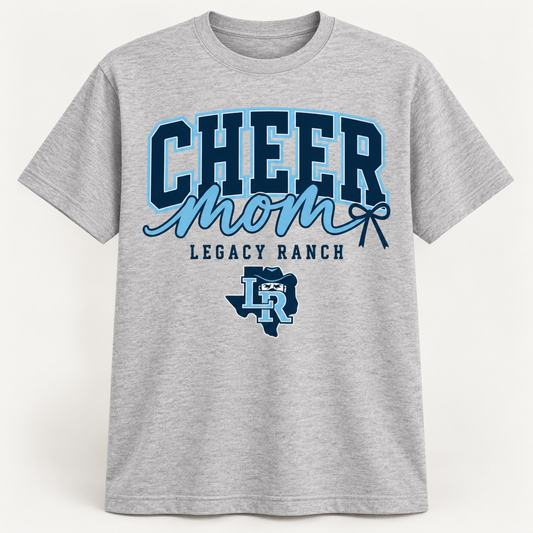 Legacy Ranch cheer mom sport grey tee with navy and light blue design