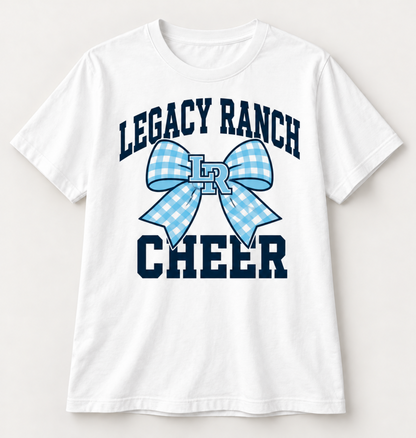 Legacy Ranch Cheer white tee with light blue gingham bow and collegiate lettering
