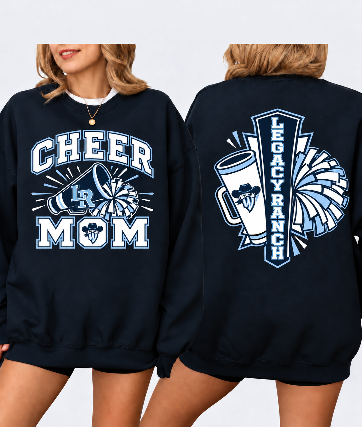 Navy Legacy Ranch Cheer Mom crewneck sweatshirt shown from the front and back