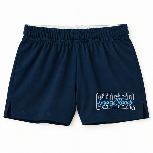 Navy Legacy Ranch Cheer squad shorts with white collegiate lettering and light blue script print